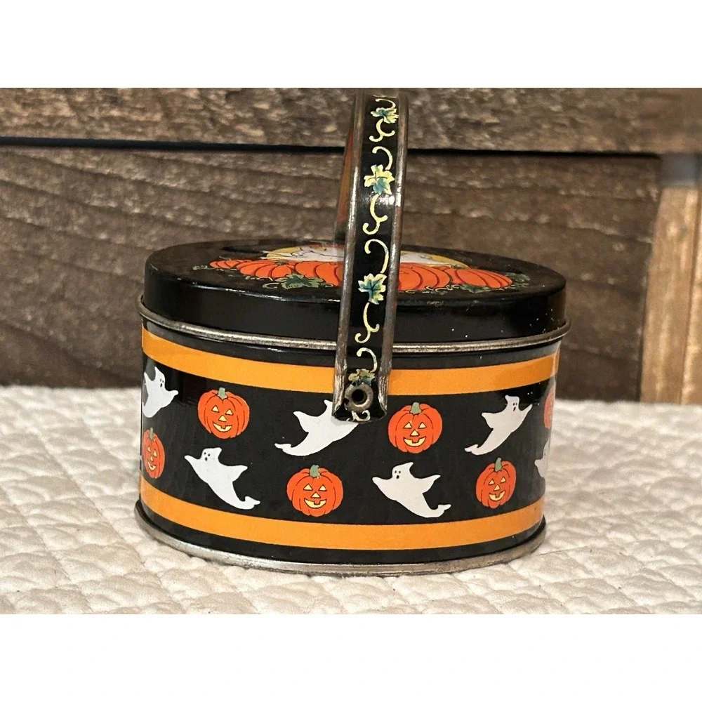Vintage Keller Charles Philadelphia Mini Halloween Tin‎ Box Handle Ghost Pumpkin